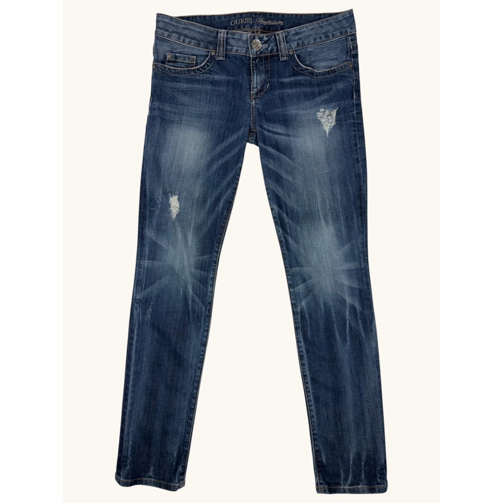 Guess Premium Daredevil Skinny Leg Jeans Distressed Blue Denim Size 31 Low Rise